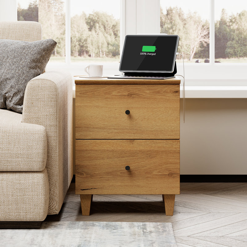 Lysiane 2 - Drawer End Table and Built-In Outlets, Oak Brown