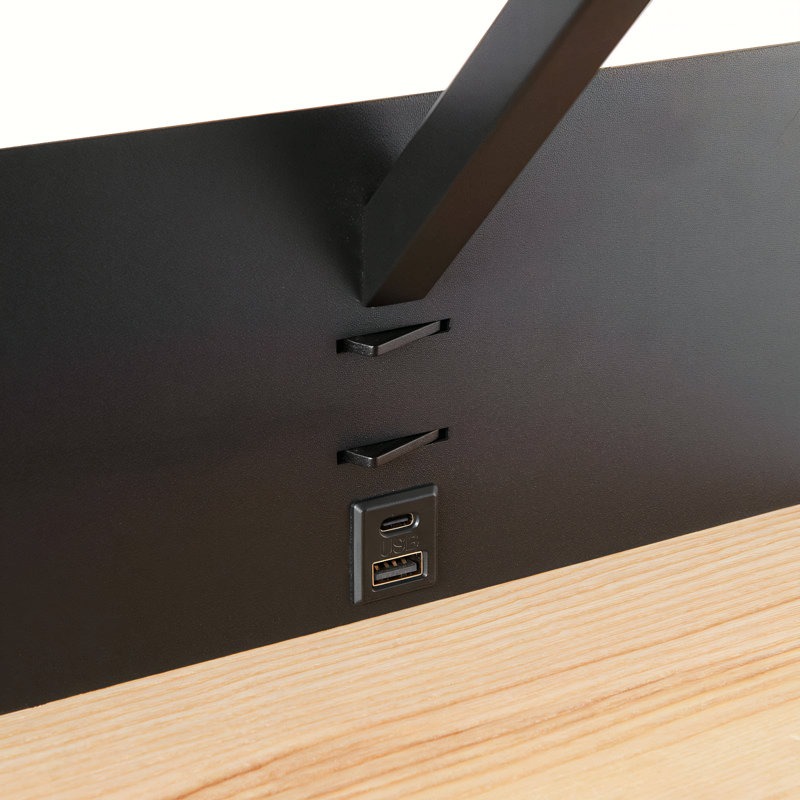 Applique murale de lecture moderne Artin avec ports USB et USB-C, projecteur DEL réglable, abat-jour en tissu et tablette en bois