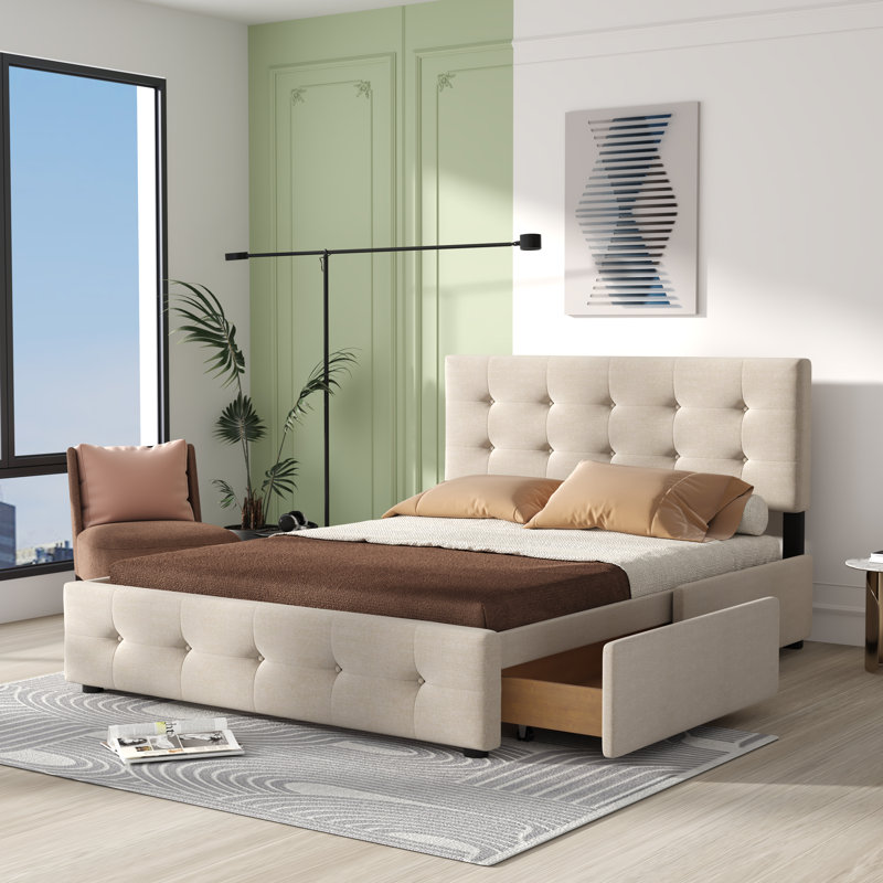 Lit plateforme avec rangement Monzelle, Beige