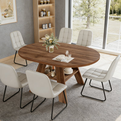 Ensemble de table de salle à manger extensible Clanton de 43,2 po à 59,1 po, table de cuisine ronde Mid-Century en bois, table basse en noyer pour 8 personnes, fauteuil en cuir PU