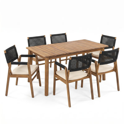 Brendalyn Modern Coastal Acacia Wood Outdoor Patio Dining Set With Rope Woven Dining Chairs & Extendable Slatted Dining Table For Backyard, Garden & Deck