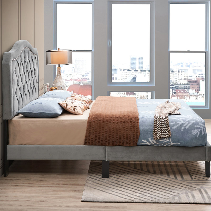 Queen Bed With Button Grey Velvet Headboard, Wood Slat Structure, Simple Assembly Steps Upholstered Bed, Design Element, Strong Support, Quick