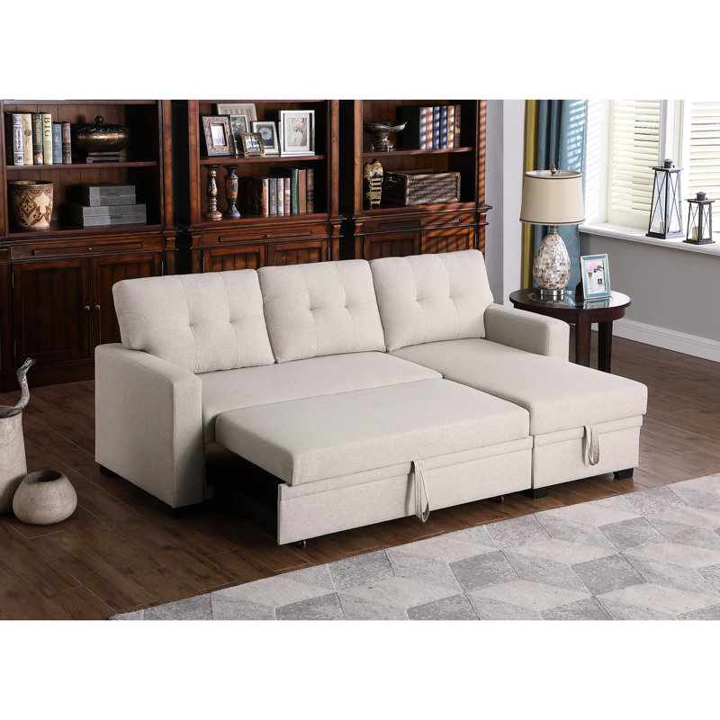 Canapé modulaire rembourré beige avec méridienne - rembourrage en mousse de lin à 3 sièges, coussins de dossier amovibles et rangement pour accueillir et divertir les attentes des visiteurs de nuit