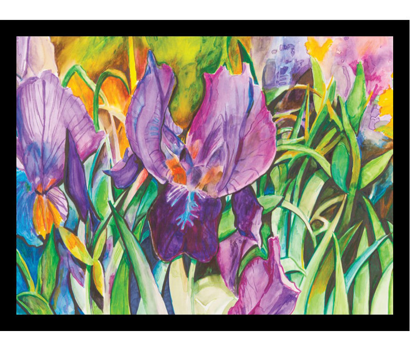 « jardin of belle irises poster » par elizabeth stack, reproduction d’art encadrée, H 24 po x l 32 po x P 1 po