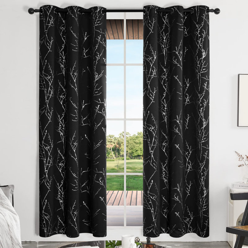 Silver Tree Branches Printed Pattern Blackout Grommet Curtains (Set Of 2), Black, 42" W x 84" L
