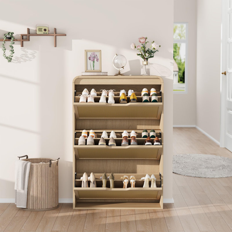 Rattan Shoe Cabinet with 3 Flip Drawers, Slim Rounded Edge Entryway Shoe Storage Organizer, Natural