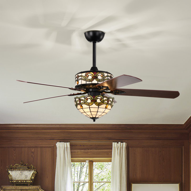 Langdale Tiffany Style Two Tiered Lighted Ceiling Fan Green Shade With Remote Control