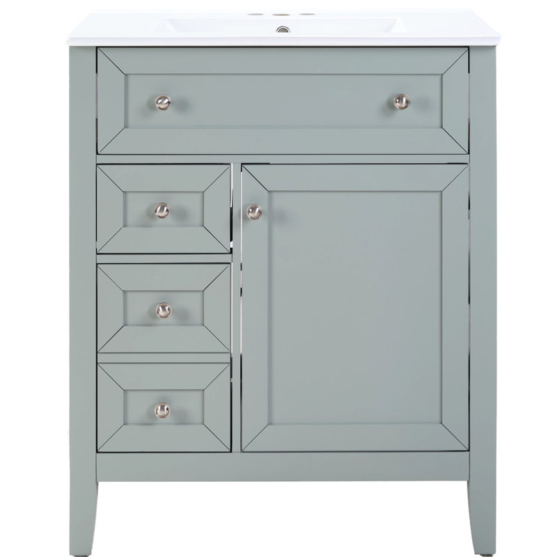 Meuble-lavabo gris en bois massif pour salle de bain avec lavabo encastré en céramique, tiroir de rangement, tablette réglable, charge de 70 kg, fonctionnement silencieux, installation facile à fermeture en douceur de 12 po et fonctionnement en douceur