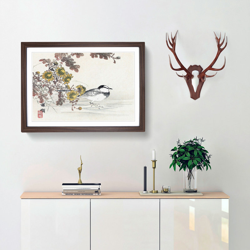 Bird By The Flowers by Kono Bairei - Single Picture Frame Painting, Walnut Framed, 24cm H x 33cm W x 2cm D