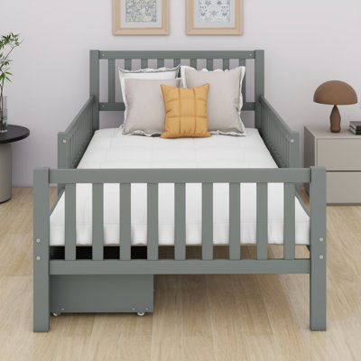 Wood Platform Bed With Guardrails On Both Sides And Storage Drawers