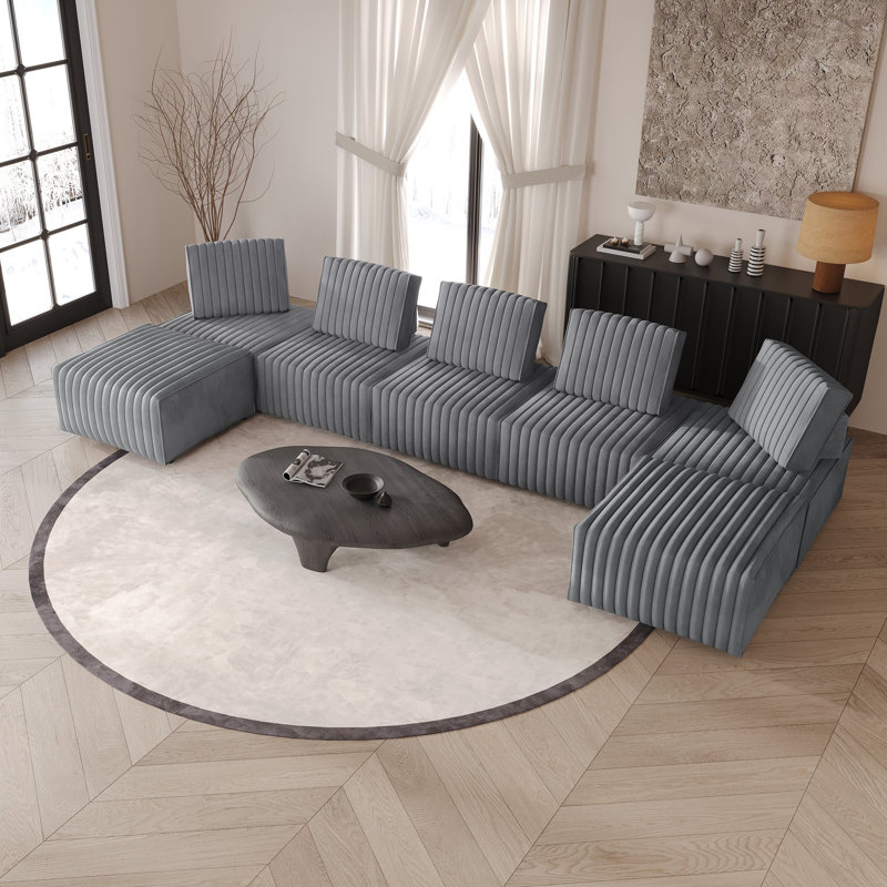 7-Piece Velvet Upholstered Modular Chair Set 2, Light Grey