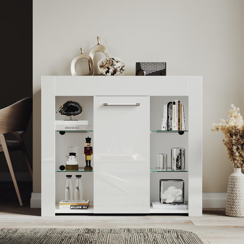 95*35*83cm High Brightness Display Cabinet with LED Colorful Lighting,Adjustable Shelves, White