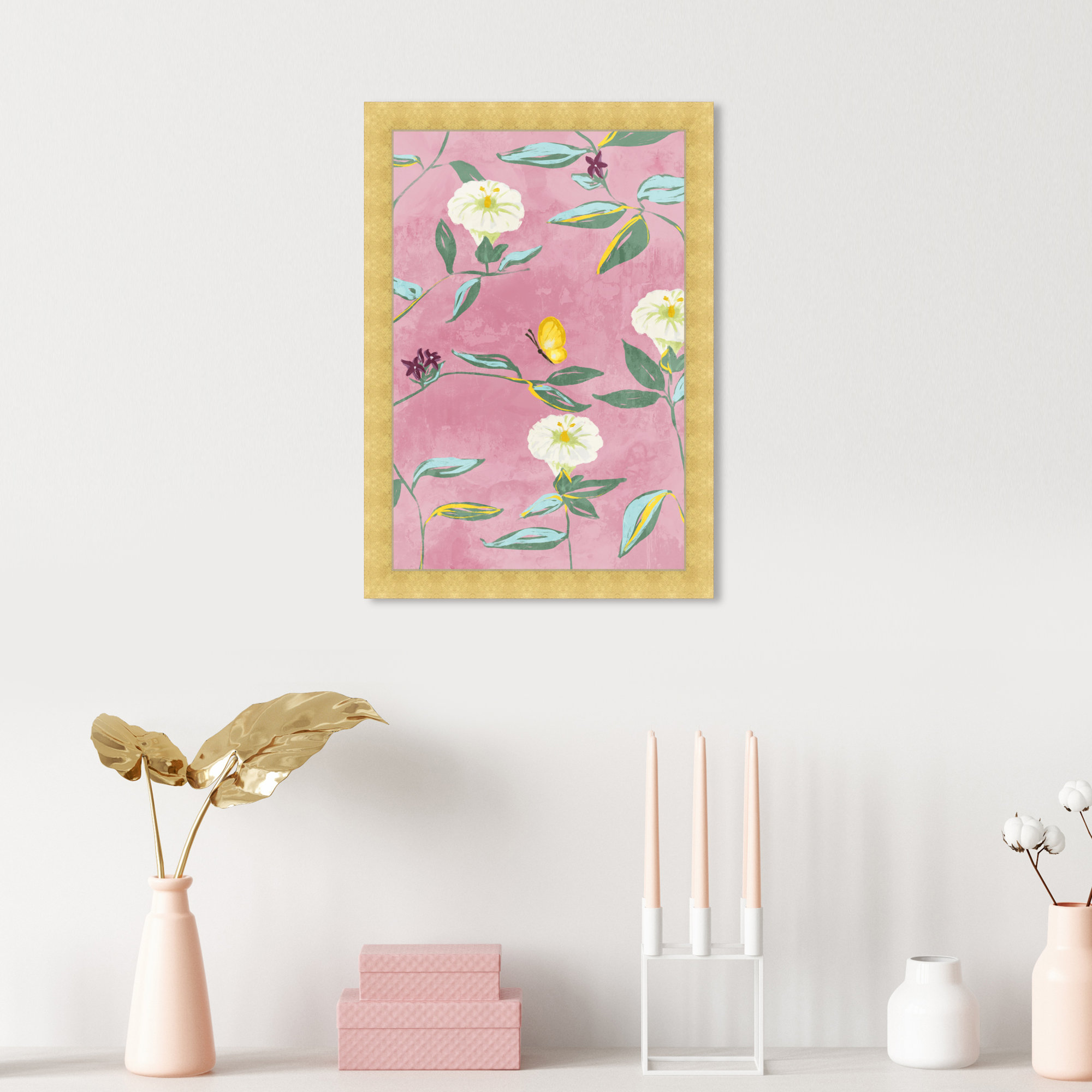Floral Spring Tapestry Pattern by Birch Lane™ - Picture Frame Print, 17" H x 12" W, Gold