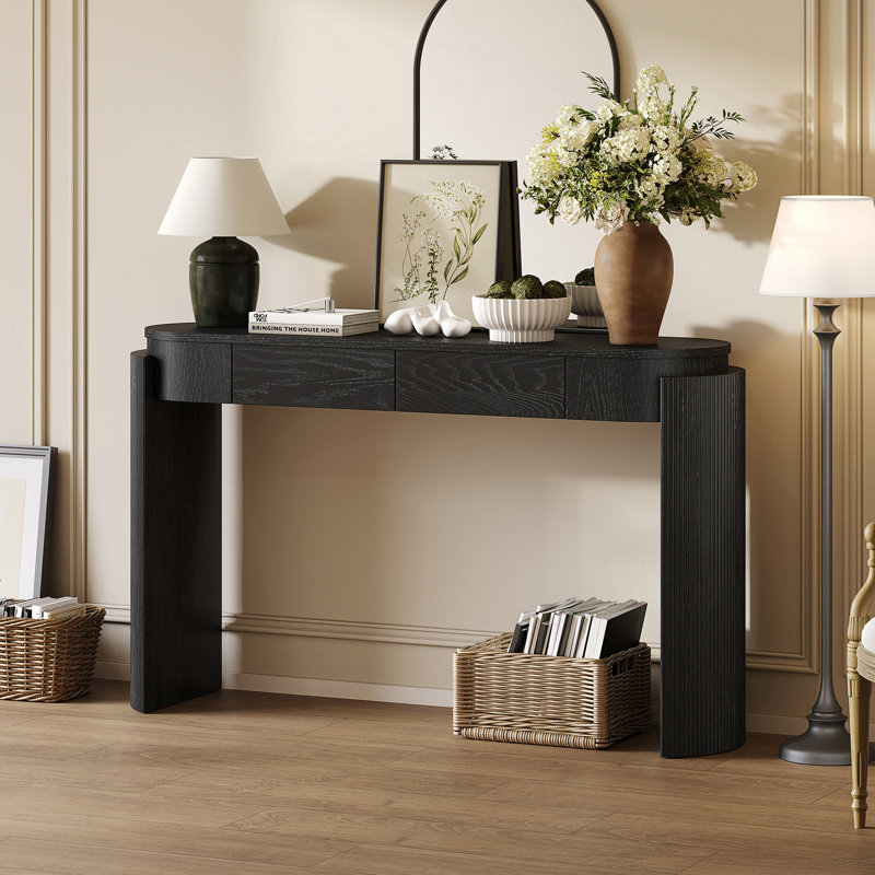 Table d'entrée avec finition grain de bois naturel, console avec conception cannelée, plateau ovale et 2 tiroirs pour l'entrée et le salon
