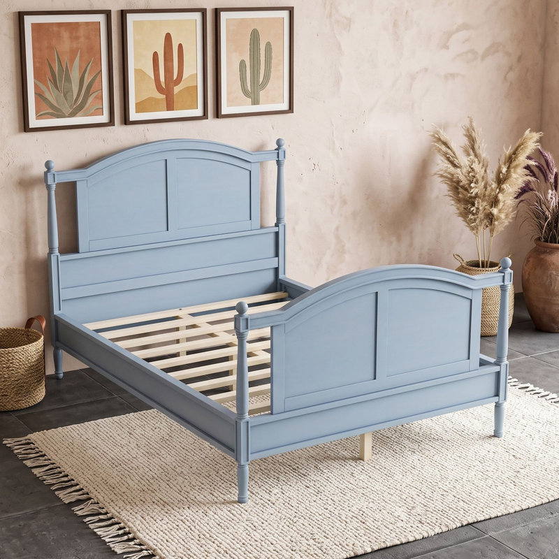 Lit plateforme en bois avec tête de lit, pied de lit et lattes, Lit double, Bleu clair