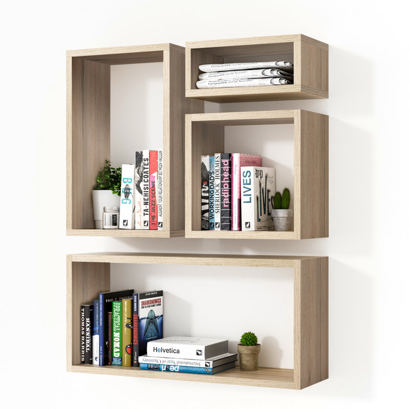  Ensemble de 4 tablettes murales cubiques flottantes pour la découverte de l'espace, chêne clair, Chêne