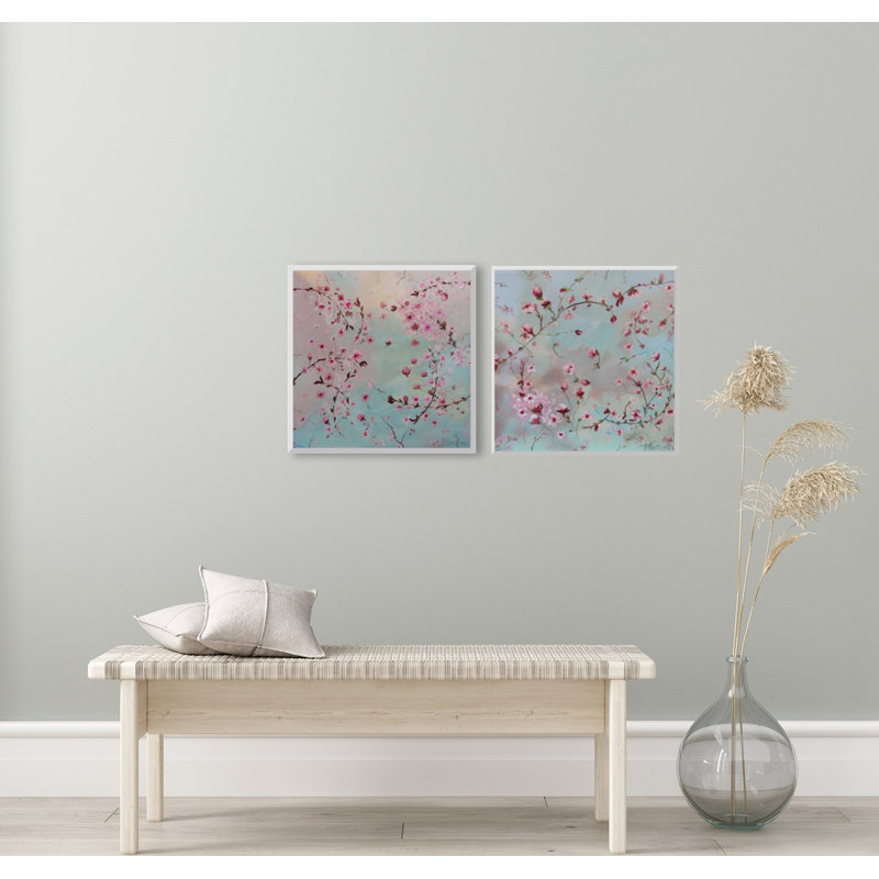 Ensemble de 2 estampes de cerisiers en fleurs par l'artiste locale Janet Burrows, H 38 po x l 76 po, Cadre noir