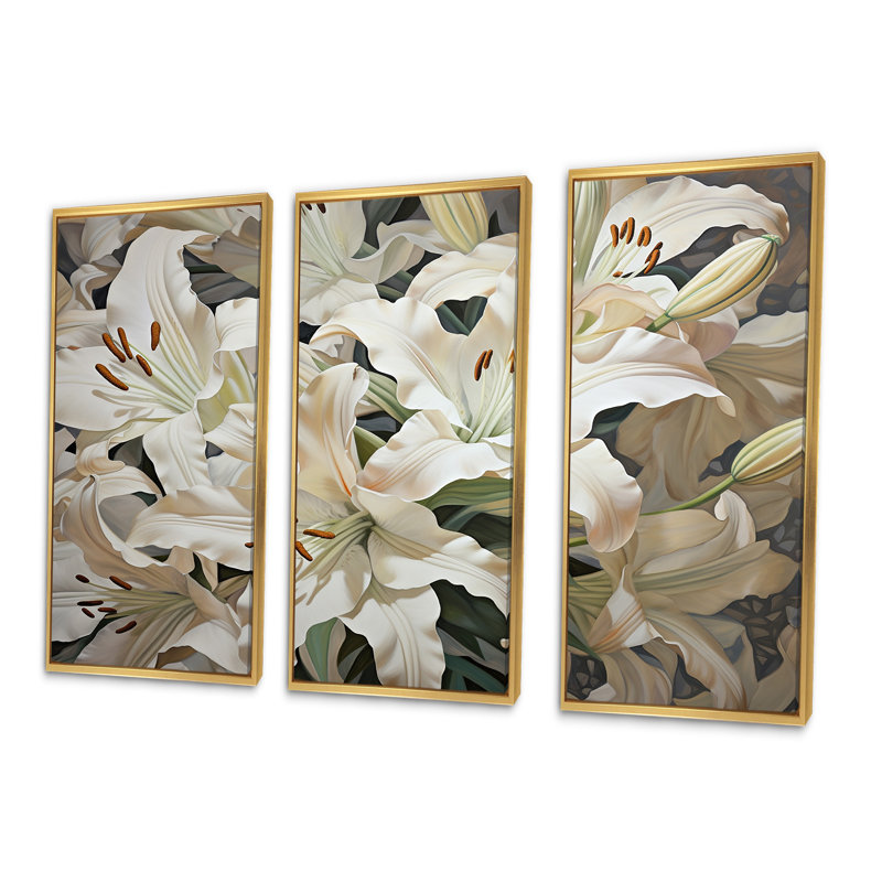 «White Lilies In Bloom Beauty III», ensemble d'art sur toile, Cadre flottant doré, H 40 po x l 60 po x P 1 po