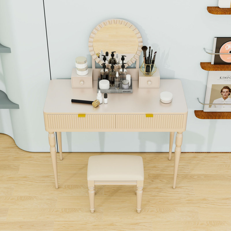 Bureau de coiffeuse avec tabouret rembourré, miroir et tiroirs de rangement, Champagne