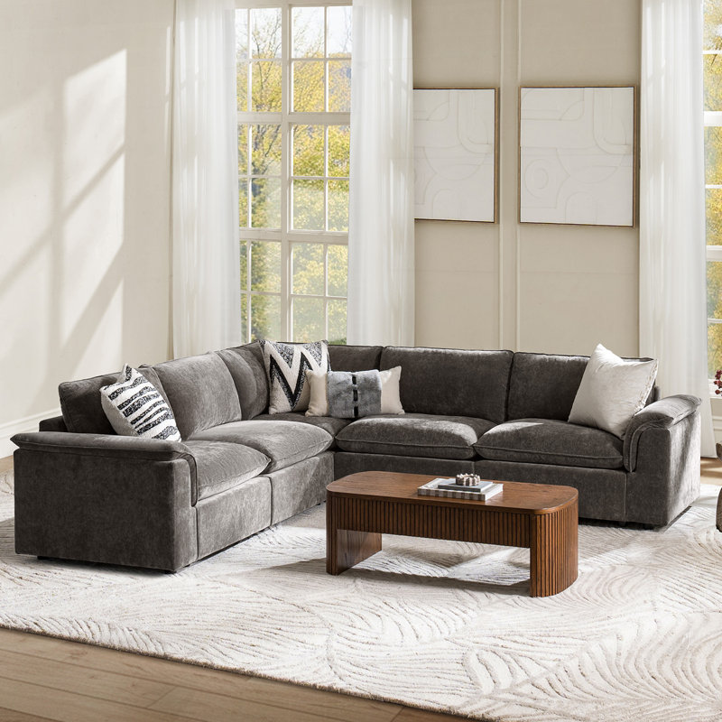 Cioffi 114"W Oversized L Shaped 5 Piece Down Blend Modular Cloud Sectional Sofa with Removable Cushion Cover, Gray