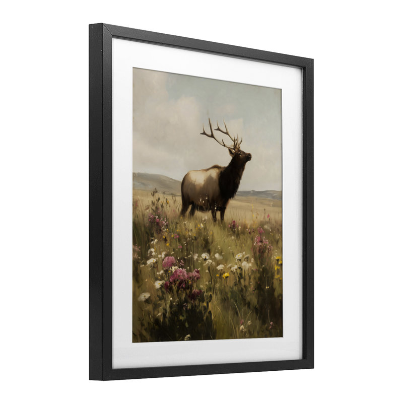 «Elk in the Wildflower Meadow», reproduction sous verre encadrée, design par Arlington Prints, 21 x 17