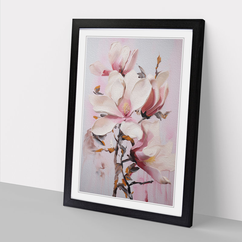 Magnolia Flower Action Painting No.2 - Single Picture Frame Print on Wood, 34cm H x 25cm W x 2cm D, Black Framed