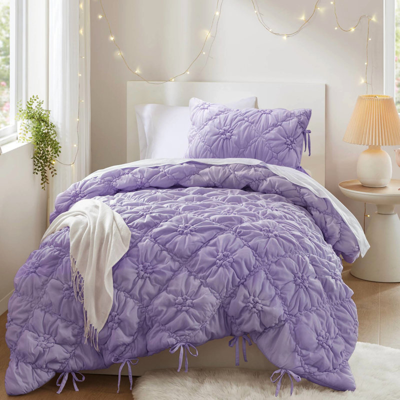 2 pièces, édredon simple à motif floral mauve, avec un décor à nouer, douceur nuage, confort toutes saisons, lavable à la machine avec accents texturés, microfibre respirante