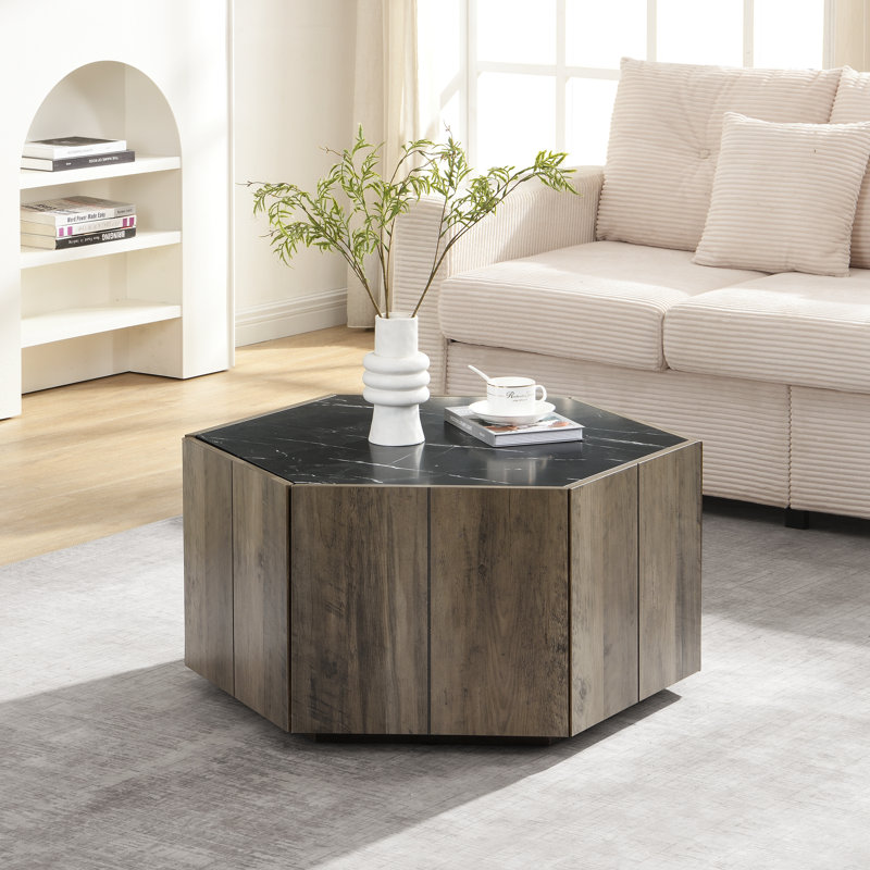 Table basse hexagonale rustique rétro en bois avec 2 tiroirs cachés, Noir / brun clair