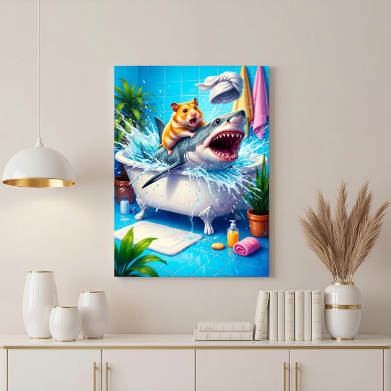 Hamster Riding Shark In Bathtub Canvas Wrapped Wall Art Oil Painting Print Set Of 1, 24" H x 16" W