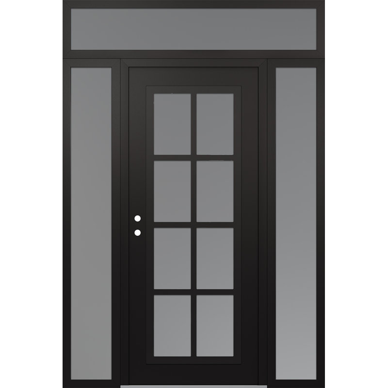 C16 60 po à droite X 96 po Panneau en acier noir et verre givré noir et blanc avec 2 panneaux latéraux et porte d'entrée avant en verre givré avec traverse