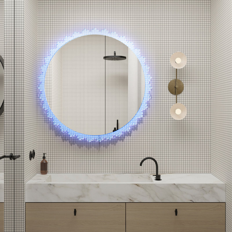 7 Colors Dimmable Round LED Wall Mounted Vanity Mirror With Acrylic Frame