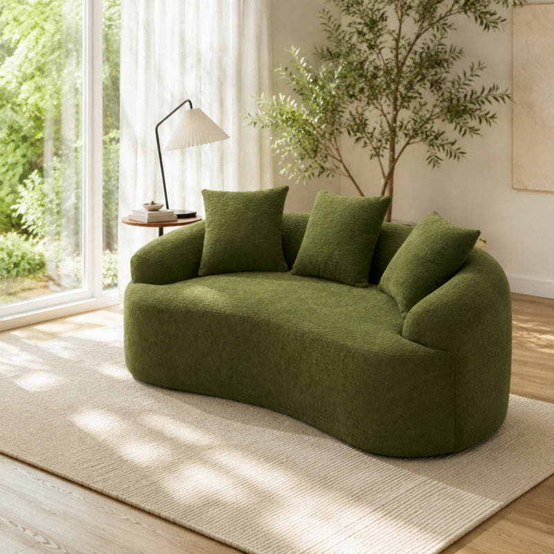 Causeuse incurvée de 65 pouces en chenille, canapé à compression 2 places avec support à ressorts et 3 coussins décoratifs, aucun assemblage requis