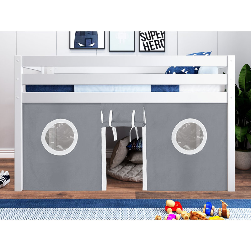 Johannes Solid Wood Twin Low Loft Bed with Ladder and Tent, Blue, Gray/White