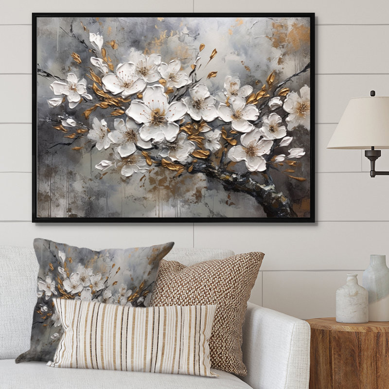 Harmonie I de cerisier blanc et gris - art mural floral pour le salon, Cadre flottant noir, H 30 po x l 40 po x P 1,5 po