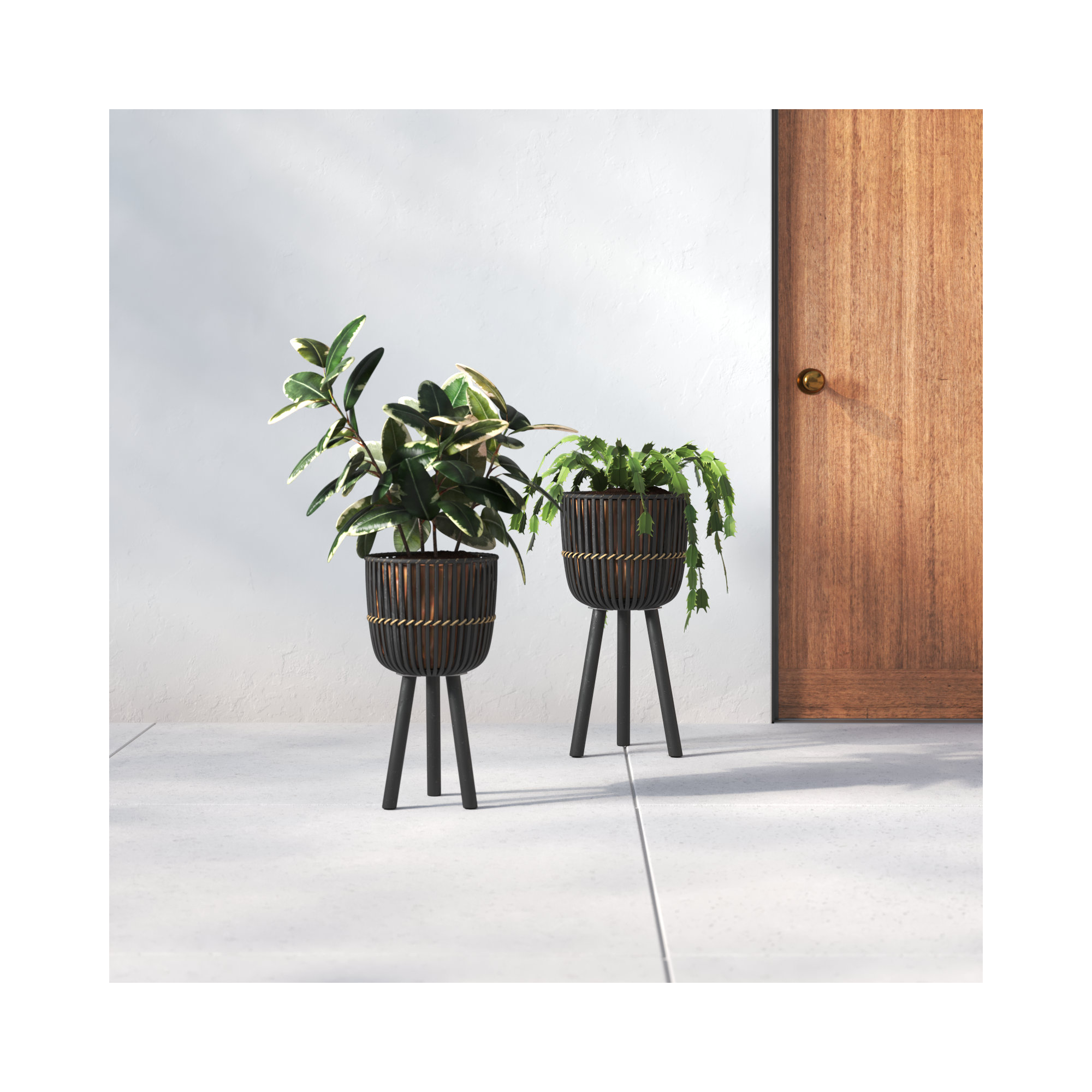 Wicker Modern Boho Bamboo Planter Set, Set of 2, Black, 23" H x 13" W x 13" D