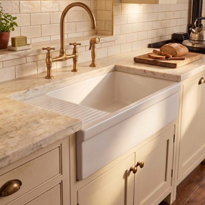 Whitehaus 36" large reversible single bowl fireclay kitchen sink: integral drain board, 2½” lip front apron