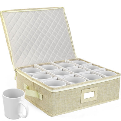 Boîte de rangement pour tasses et tasses Lotfancy, contenant de tasses à café avec séparateurs et poignées, beige