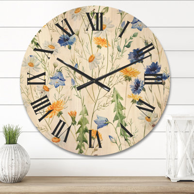 Traditional Wood Wall Clock - Wildflowers Chamomile and Clover Bell II