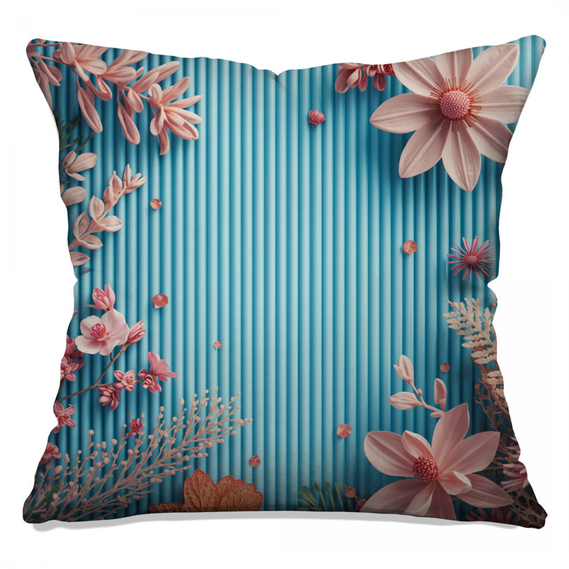 Fleurs roses sur coussins décoratifs bleus à double face, 14 x 14 pouces
