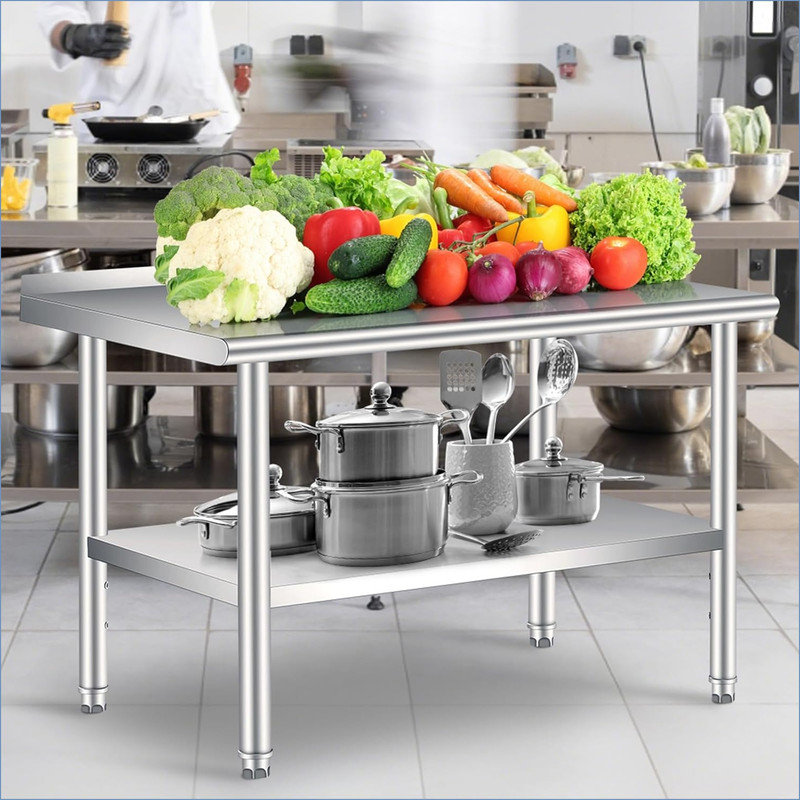 Table en acier inoxydable pour la préparation et le travail avec dosseret, table robuste commerciale avec tablette inférieure réglable pour restaurant de cuisine commerciale.