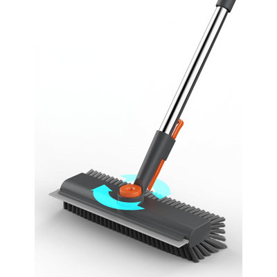 Brosse à récurer pour plancher avec manche long, grattoir 3 en 1 et brosse à récurer robuste à poils rigides avec raclette et pince à épiler pour nettoyer le carrelage