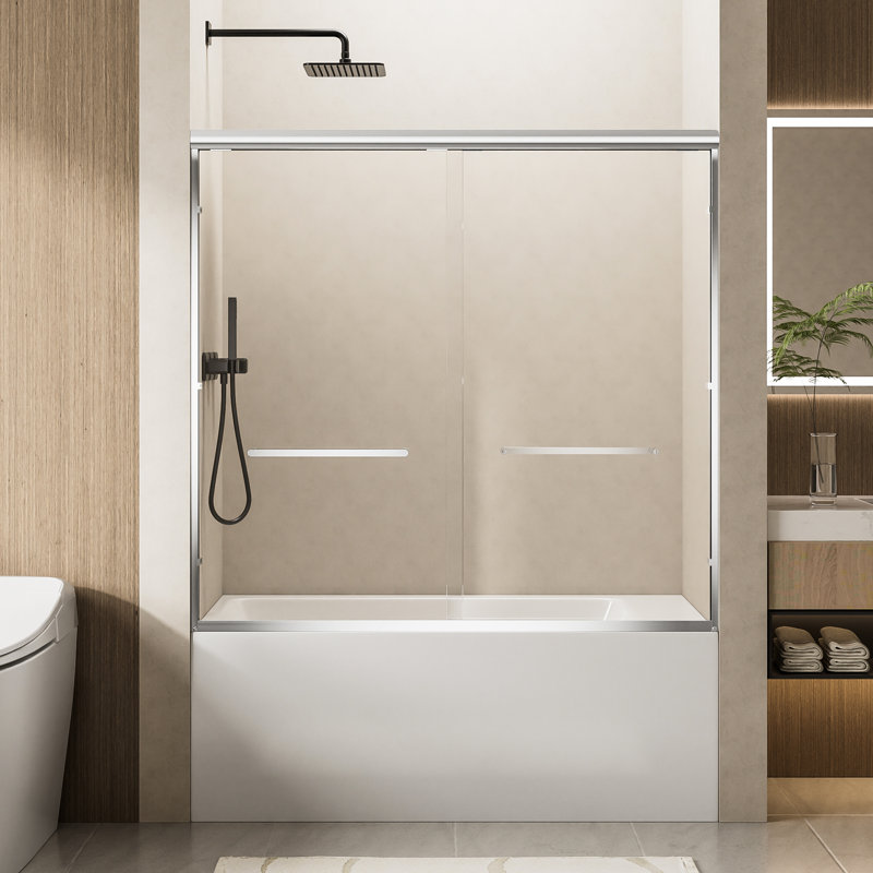 60” Wide X 57” High Aluminum Frame Double Sliding Bathtub Door, 1/4” Clear Tempered Glass, Soft-close Feature, Reversible For Distinct Bathroom Configurations, Glass With Reduced Breakage Risk 60”w