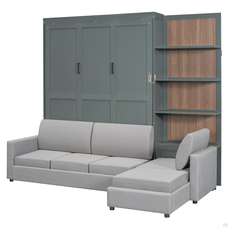 Grand lit escamotable mural avec canapé et tablettes, Gris