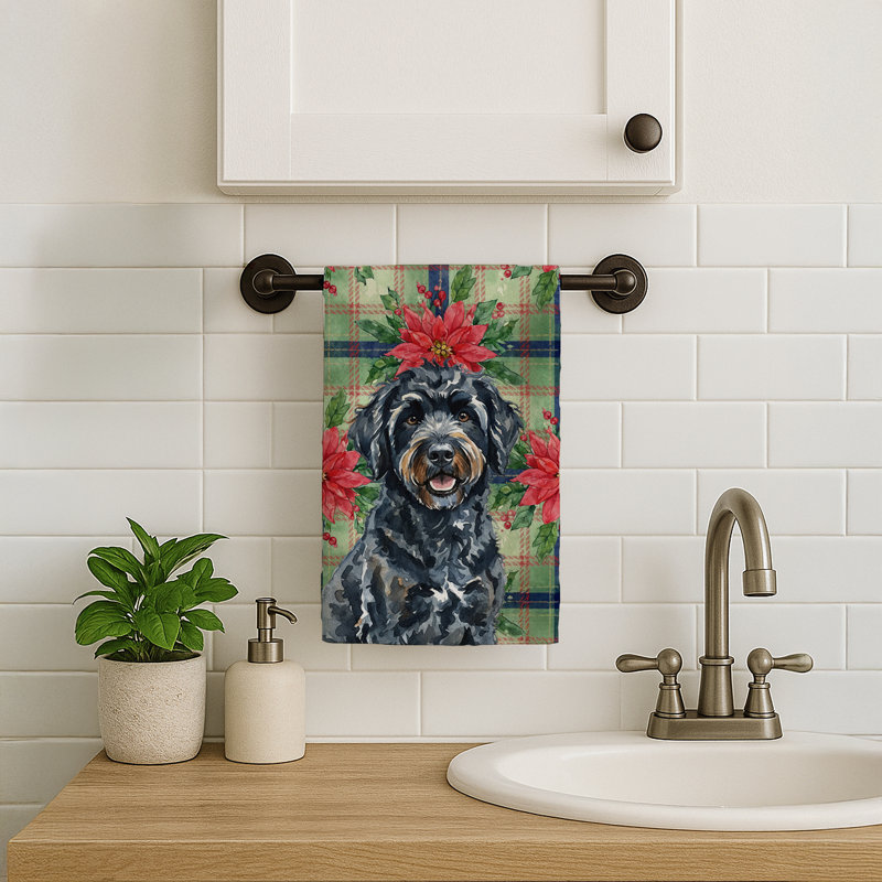 Black Portuguese Water Dog Christmas PoinsettIas Kitchen Towel, Black Portuguese Water Dog