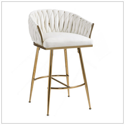 Tabouret de bar 26 po à hauteur de comptoir en velours pour îlot de cuisine avec dossier ondulé à la main, base chromée dorée et repose-pieds