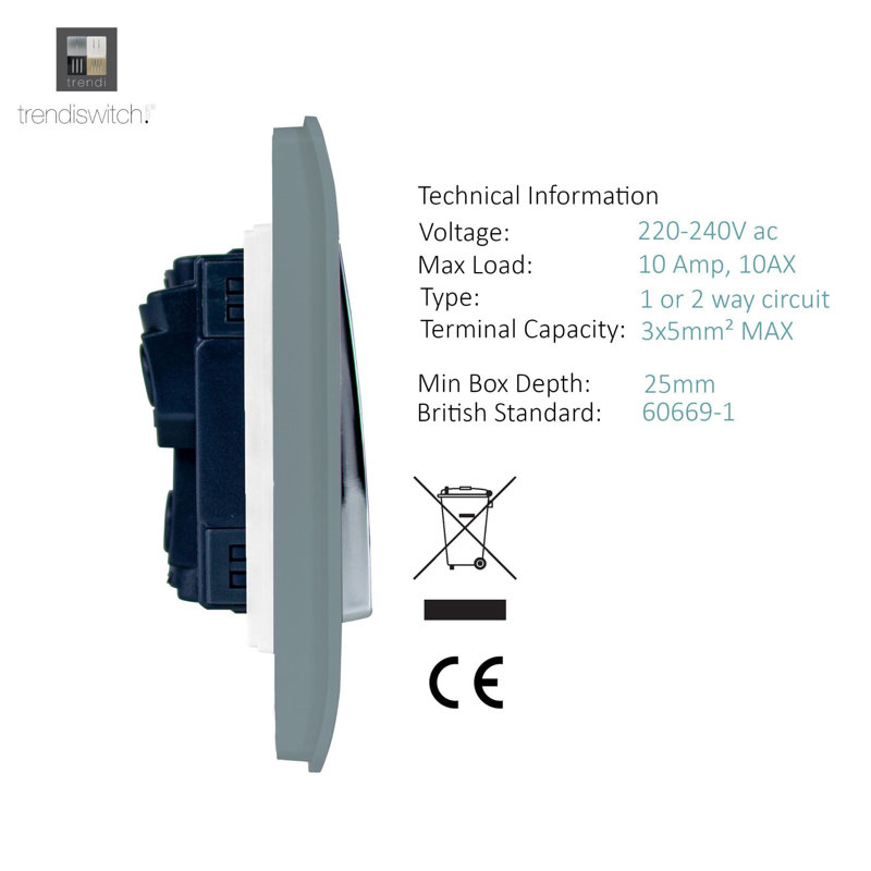 Trendi Switch 1 Gang 1 or 2 way Rocker Light Switch, Cool Grey