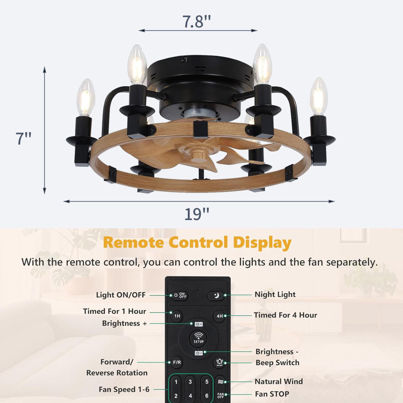 19.3" Rustic Farmhouse Reversible Black Ceiling Fan with Lights & Remote