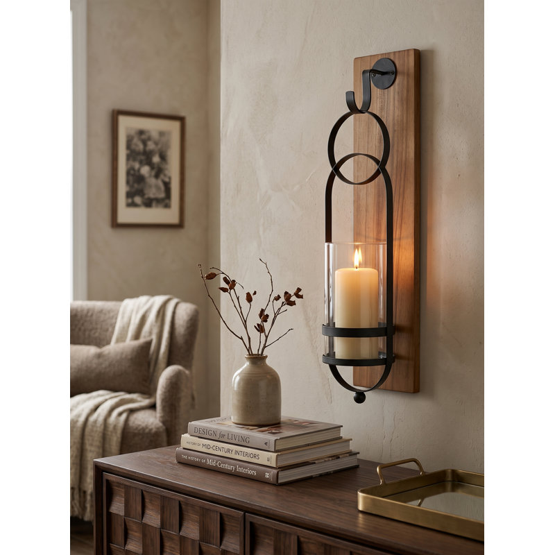 Applique murale industrielle en bois d'acacia avec abat-jour en verre pour salon