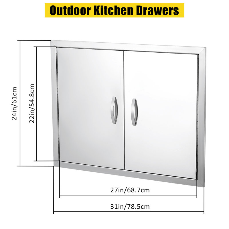 304 Stainless Steel Double Access Doors for Outdoor Kitchen - 31W x 24H in, Brushed Finish, Weather-Resistant, Flush Mount, Recessed Metal Handle, Vented, BBQ Island Cabinet Storage