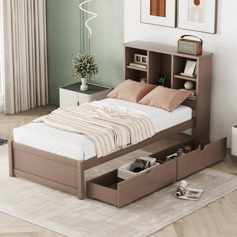 Modern Bed, Bed Frame With Built-In USB Port On Bookcase Headboard And 2 Drawers